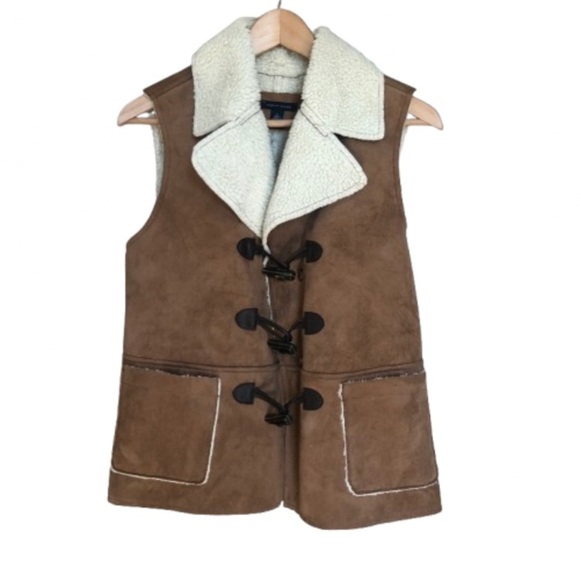 Tommy Hilfiger Boho Brown Faux Suede Vest with Faux Shearling Collar Medium - Picture 1 of 10